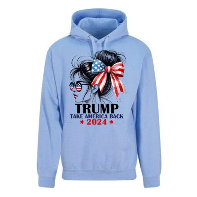 Trump 2024 Take America Back Messy Bun Girl American Flag Long Sleeve Unisex Surf Hoodie