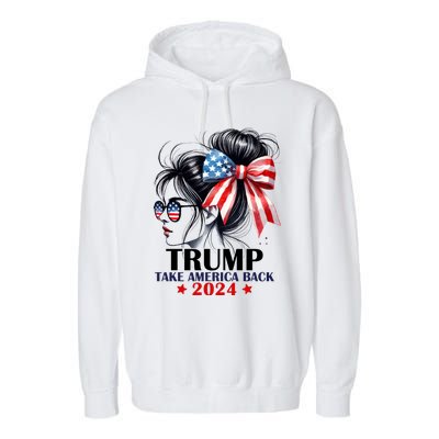 Trump 2024 Take America Back Messy Bun Girl American Flag Long Sleeve Garment-Dyed Fleece Hoodie