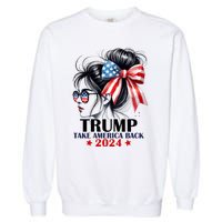 Trump 2024 Take America Back Messy Bun Girl American Flag Long Sleeve Garment-Dyed Sweatshirt