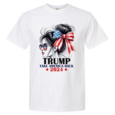 Trump 2024 Take America Back Messy Bun Girl American Flag Long Sleeve Garment-Dyed Heavyweight T-Shirt