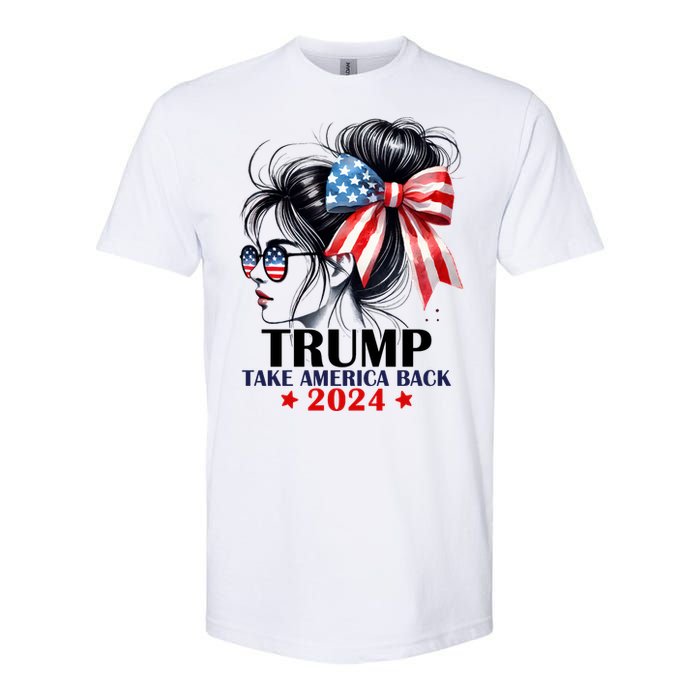 Trump 2024 Take America Back Messy Bun Girl American Flag Long Sleeve Softstyle CVC T-Shirt