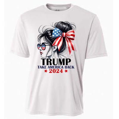 Trump 2024 Take America Back Messy Bun Girl American Flag Long Sleeve Cooling Performance Crew T-Shirt