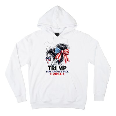 Trump 2024 Take America Back Messy Bun Girl American Flag Long Sleeve Hoodie