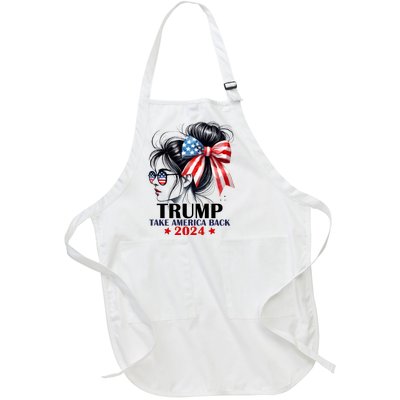 Trump 2024 Take America Back Messy Bun Girl American Flag Long Sleeve Full-Length Apron With Pockets