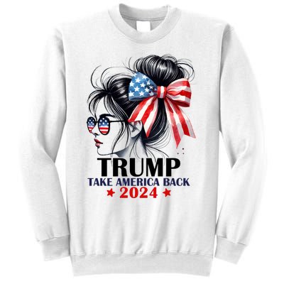 Trump 2024 Take America Back Messy Bun Girl American Flag Long Sleeve Sweatshirt