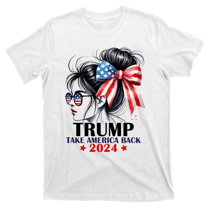 Trump 2024 Take America Back Messy Bun Girl American Flag Long Sleeve T-Shirt