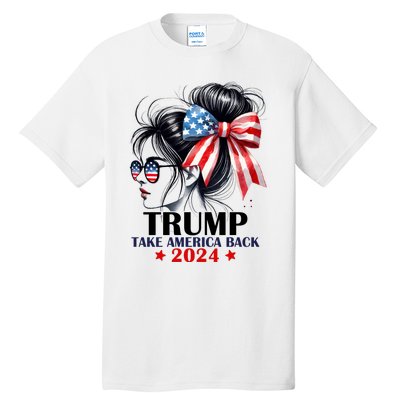 Trump 2024 Take America Back Messy Bun Girl American Flag Long Sleeve Tall T-Shirt