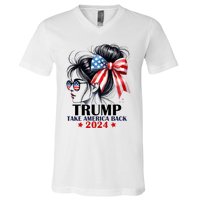 Trump 2024 Take America Back Messy Bun Girl American Flag Long Sleeve V-Neck T-Shirt