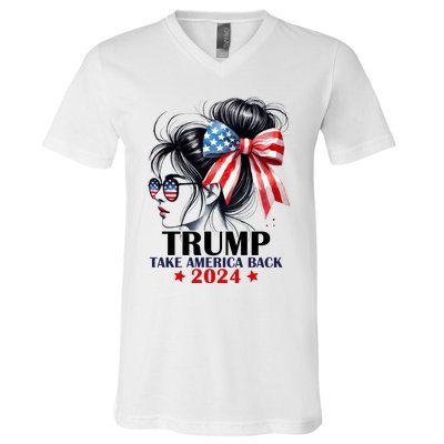 Trump 2024 Take America Back Messy Bun Girl American Flag Long Sleeve V-Neck T-Shirt