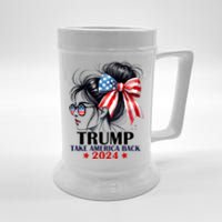 Trump 2024 Take America Back Messy Bun Girl American Flag Long Sleeve Beer Stein