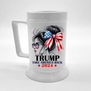 Trump 2024 Take America Back Messy Bun Girl American Flag Long Sleeve Beer Stein