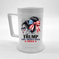 Trump 2024 Take America Back Messy Bun Girl American Flag Long Sleeve Beer Stein