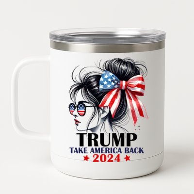 Trump 2024 Take America Back Messy Bun Girl American Flag Long Sleeve 12 oz Stainless Steel Tumbler Cup