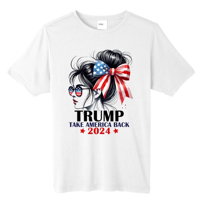 Trump 2024 Take America Back Messy Bun Girl American Flag Long Sleeve Tall Fusion ChromaSoft Performance T-Shirt