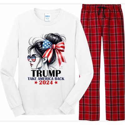 Trump 2024 Take America Back Messy Bun Girl American Flag Long Sleeve Long Sleeve Pajama Set