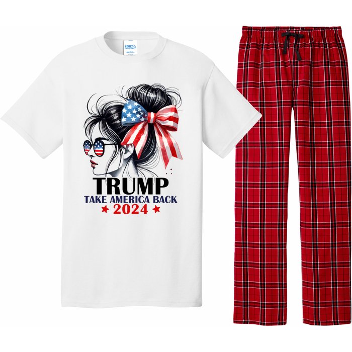 Trump 2024 Take America Back Messy Bun Girl American Flag Long Sleeve Pajama Set