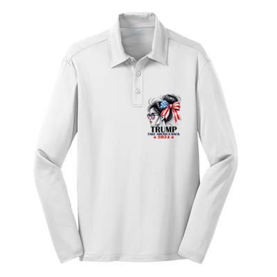 Trump 2024 Take America Back Messy Bun Girl American Flag Long Sleeve Silk Touch Performance Long Sleeve Polo