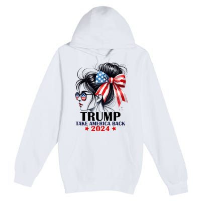 Trump 2024 Take America Back Messy Bun Girl American Flag Long Sleeve Premium Pullover Hoodie