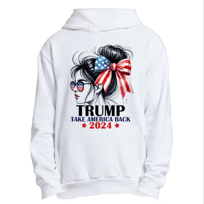 Trump 2024 Take America Back Messy Bun Girl American Flag Long Sleeve Urban Pullover Hoodie