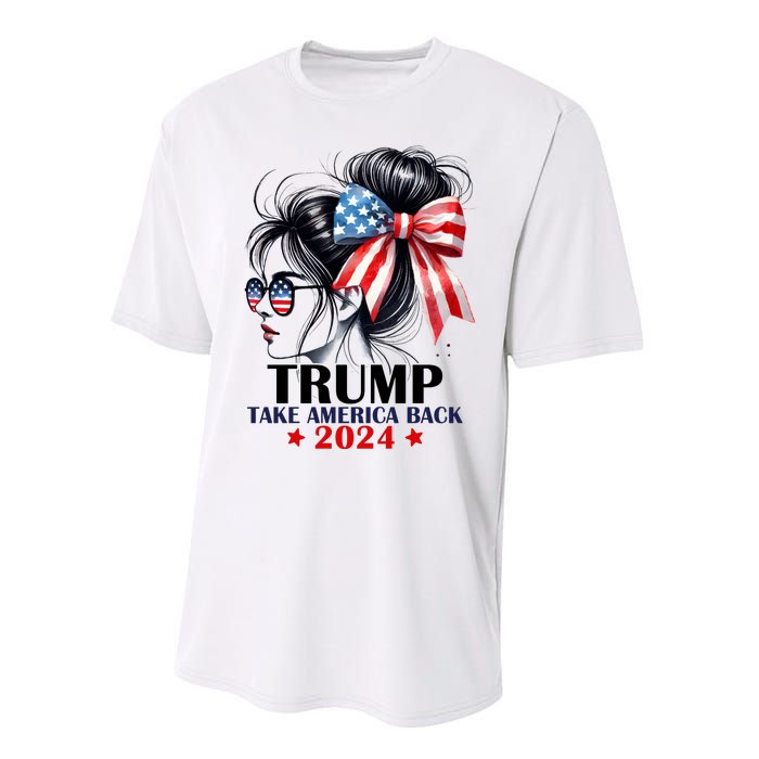 Trump 2024 Take America Back Messy Bun Girl American Flag Long Sleeve Performance Sprint T-Shirt