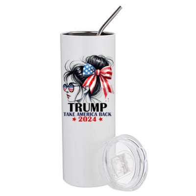 Trump 2024 Take America Back Messy Bun Girl American Flag Long Sleeve Stainless Steel Tumbler