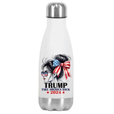 Trump 2024 Take America Back Messy Bun Girl American Flag Long Sleeve Stainless Steel Insulated Water Bottle