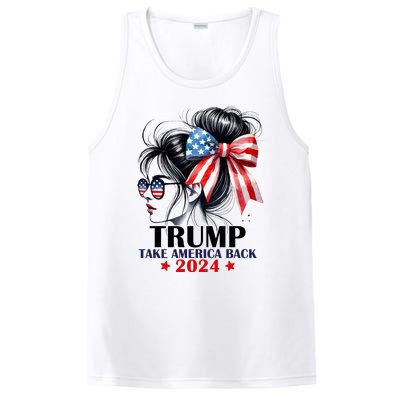 Trump 2024 Take America Back Messy Bun Girl American Flag Long Sleeve PosiCharge Competitor Tank