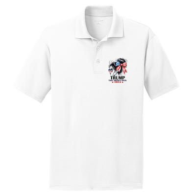 Trump 2024 Take America Back Messy Bun Girl American Flag Long Sleeve PosiCharge RacerMesh Polo