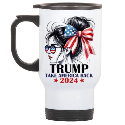 Trump 2024 Take America Back Messy Bun Girl American Flag Long Sleeve Stainless Steel Travel Mug