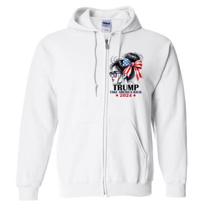 Trump 2024 Take America Back Messy Bun Girl American Flag Long Sleeve Full Zip Hoodie