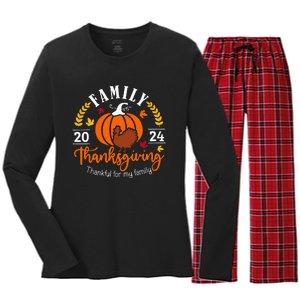 Thanksgiving 2024 Thankful For My Family Turkey Pumpkin Women's Long Sleeve Flannel Pajama Set 