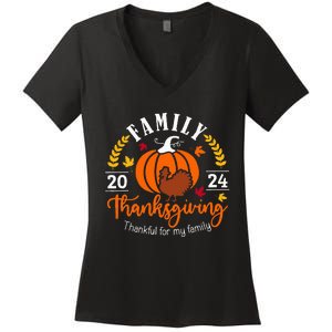 Thanksgiving 2024 Thankful For My Family Turkey Pumpkin Women's V-Neck T-Shirt