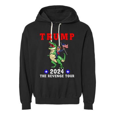 Trump 2024 The Revenge Riding Dinosaur American Flag Garment-Dyed Fleece Hoodie