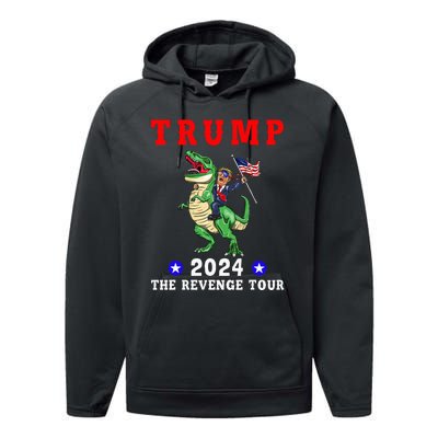 Trump 2024 The Revenge Riding Dinosaur American Flag Performance Fleece Hoodie