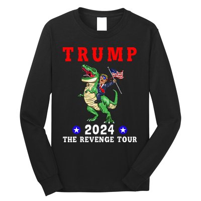 Trump 2024 The Revenge Riding Dinosaur American Flag Long Sleeve Shirt