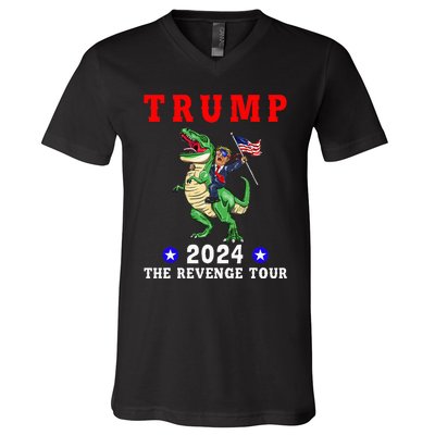 Trump 2024 The Revenge Riding Dinosaur American Flag V-Neck T-Shirt