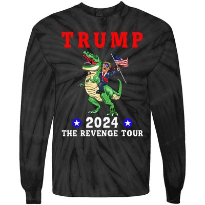 Trump 2024 The Revenge Riding Dinosaur American Flag Tie-Dye Long Sleeve Shirt