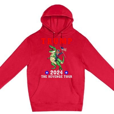 Trump 2024 The Revenge Riding Dinosaur American Flag Premium Pullover Hoodie