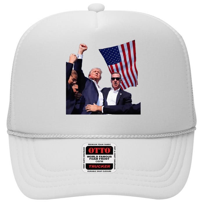 Trump 2024 Us Flag Donald Trump Election Rally Shooting 2024 High Crown Mesh Back Trucker Hat