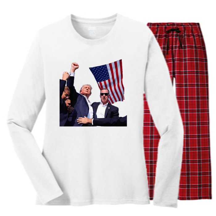 Trump 2024 Us Flag Donald Trump Election Rally Shooting 2024 Women's Long Sleeve Flannel Pajama Set 