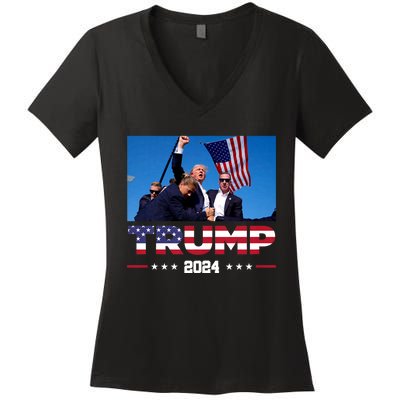 Trump 2024 Us Flag Donald Trump Election Rally Shooting 2024 Women's V-Neck T-Shirt