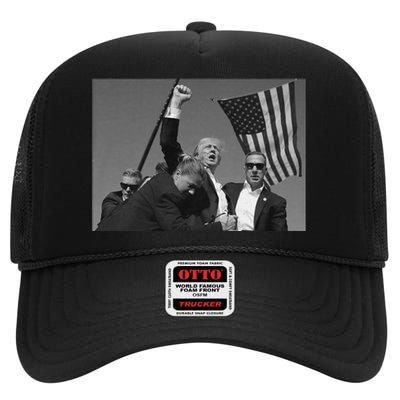 Trump 2024 Us Flag Donald Trump Election Rally Shooting Donald Trump Fist Pump High Crown Mesh Back Trucker Hat