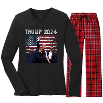 Trump 2024 Us Flag Donald Trump Election Rally Shooting 2024 Women's Long Sleeve Flannel Pajama Set 