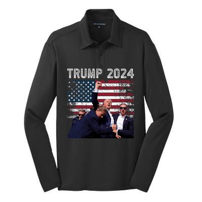 Trump 2024 Us Flag Donald Trump Election Rally Shooting 2024 Silk Touch Performance Long Sleeve Polo