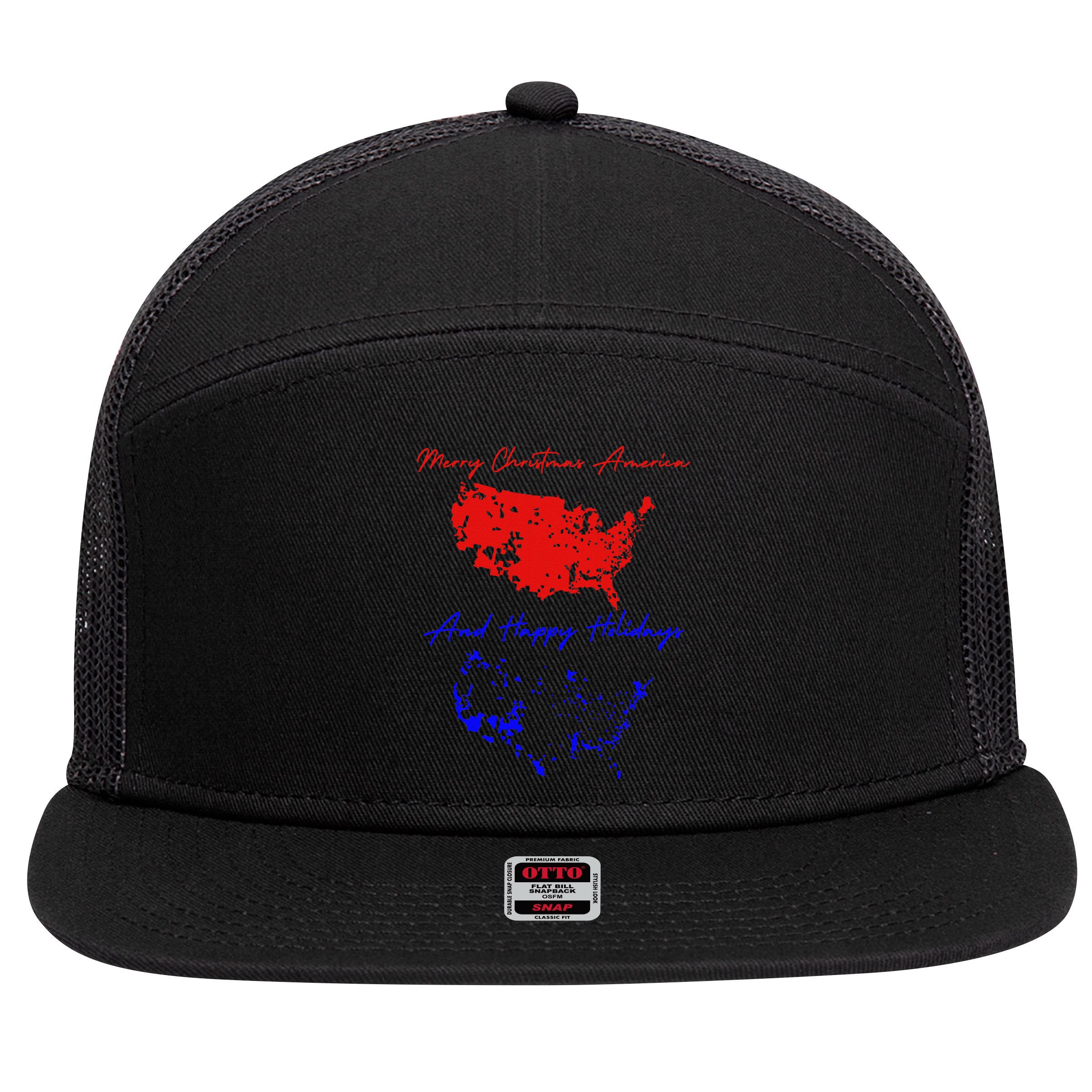 Trump 2024 Usa Map Happy Holidays Merry Christmas 7 Panel Mesh Trucker Snapback Hat