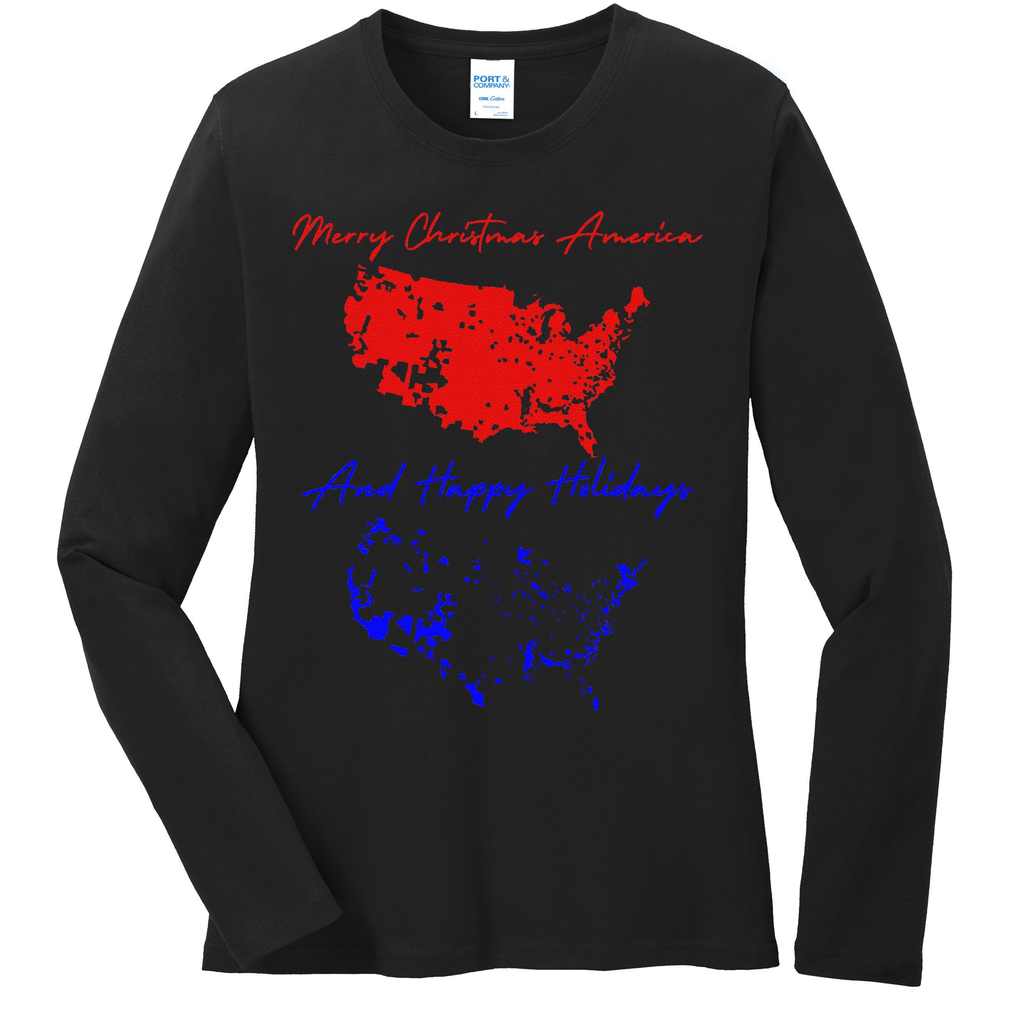 Trump 2024 Usa Map Happy Holidays Merry Christmas Ladies Long Sleeve Shirt