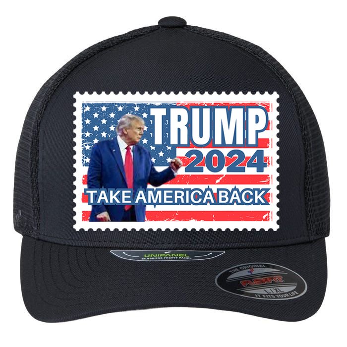 Trump 2024 USA Flag Take America Back Election Postage Stamp Flexfit Unipanel Trucker Cap