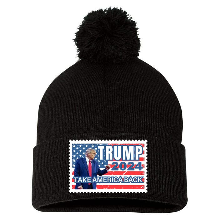 Trump 2024 USA Flag Take America Back Election Postage Stamp Pom Pom 12in Knit Beanie