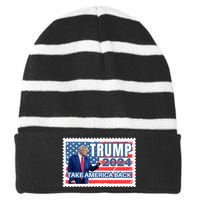 Trump 2024 USA Flag Take America Back Election Postage Stamp Striped Beanie with Solid Band