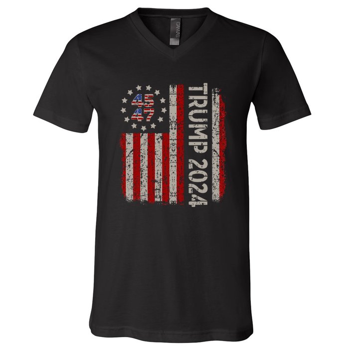 Trump 2024 Vintage 45 47 American Flag V-Neck T-Shirt